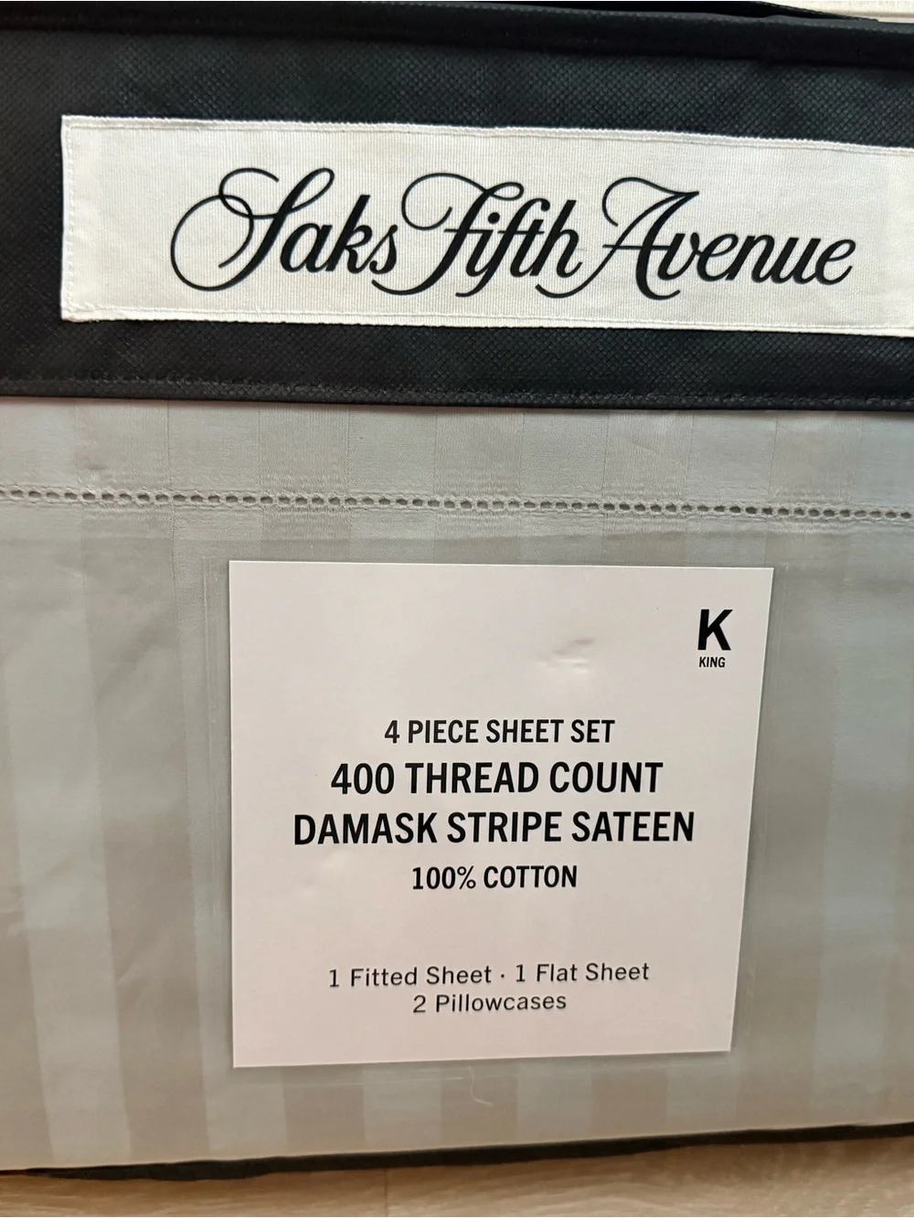 Saks Fifth Avenue KING Sheet Set Grey 4 pc Flat/Fitted/2 Pillowcases 400 TC